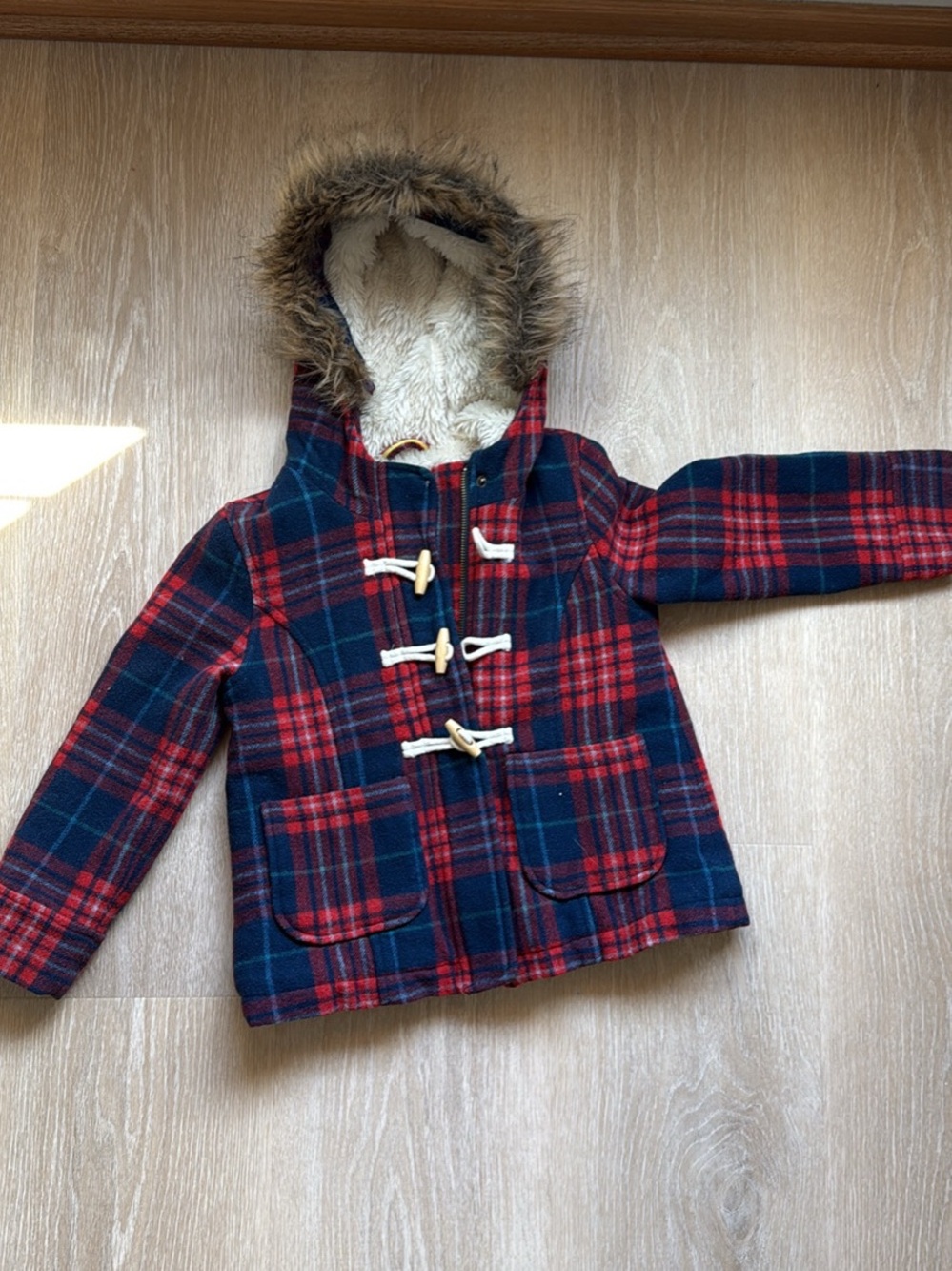 Mini Boden Plaid Hooded Toggle Coat